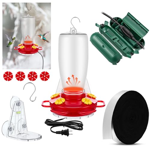 Relaxweex Heated Hummingbird Feeders Outdoor 2 in 1 Winter Hanging Heated Bird Feeders with Pipe Insulation Tape Extension Cord Safe Cover Suction Cup for Outside Anti Freezing Window Winter Garden