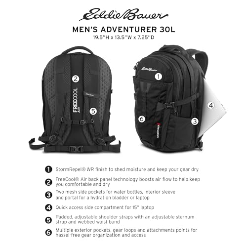 Eddie Bauer Backpack with Organization Compartments and Hydration/Laptop Compatible Sleeve, Adventurer-Black, 30L - Image 7