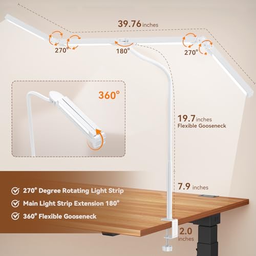 Image of Pzloz Led Desk Lamp with Clamp: Architect Desk Lamp for Home Office, Eye Caring Double Head Computer Monitor Work Desk Light with Remote Control - 24W Flexible Dimmable Desktop Table Lamp White