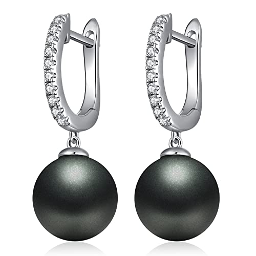 Han han Pendientes colgantes de perlas de plata de ley 925 para mujer, chapados en oro blanco de 18 quilates, aretes de perlas de diamante de circonita cúbica 5A+, regalo de joyería de perlas para
