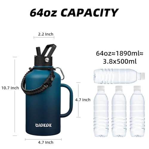 Image of BJPKPK Half Gallon Insulated Water Bottles with Straw Lid & Side Handle, 64oz Large, Stainless Steel Water Bottles with 3 Lids and Paracord Strap, Metal Water Jug,Vast