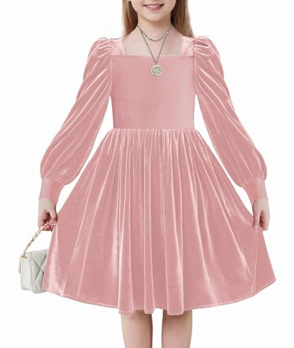 Arshiner Mädchen Samtkleid Winter Elegant Festliches Kleider mit Quadratischer Kragen Laternenärmel Freizeit Langarm Kleid für Kinder 12-13 Jahre Pink