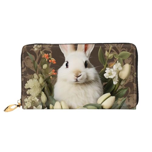 A beautiful white rabbit Leather Wallet for Women Long Coin Purse Ultra Slim Credit Cards Holder Bifold Clutch