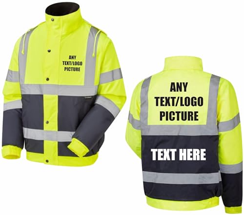 Personalised Yellow & Navy Two Tone Hi-Vis Safety Bomber Jacket – Customizable Workwear with Logo or Text, Safety Jacket, Brook Hi Vis (Yellow/Navy, Medium)