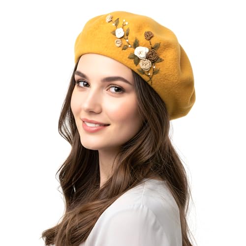 Wool Beret with Hand Embroidered Flowers, French Style Winter Hat