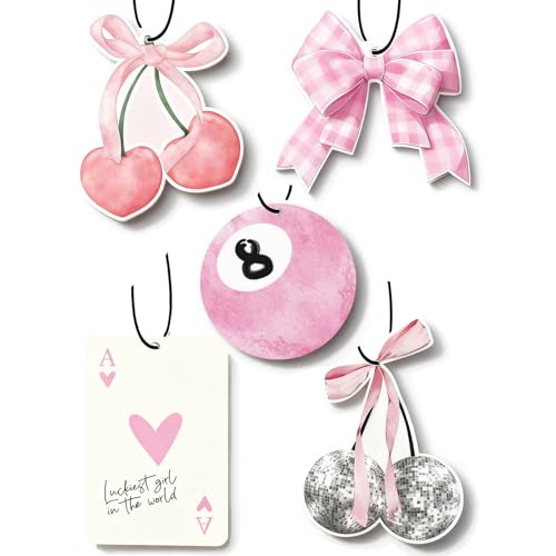 Image of Coquette Pink Bow Car Air Fresheners, 5-Pack Assorted Floral Scents Cherry Cute Girly Car Accessories Hanging Decor for Rearview Mirror Long-Lasting for Women Teen Girls
