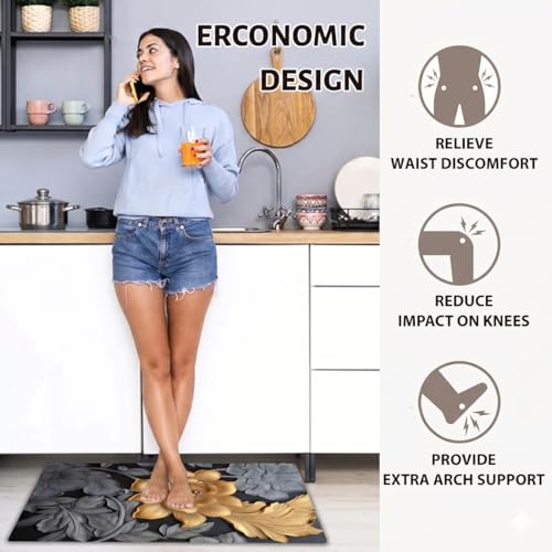 Image of Kitchen Anti Slip Mat for Floor, Waterproof Washable Kitchen Mats, Non Slip Kitchen Floor Mats for Home, Soft Mats for Kitchen, Kitchen Mats for Floor Anti Slip (3D Golden Flower)