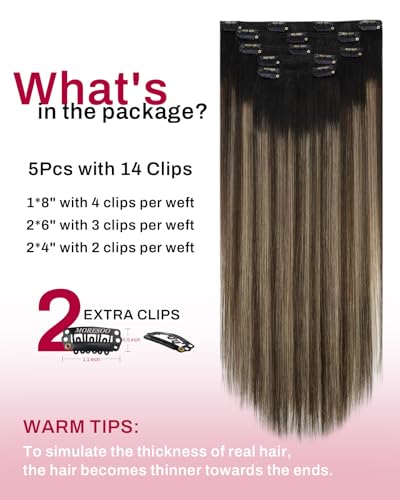 Image of Moresoo Clip in Hair Extensions Real Human Hair Double Weft Human Hair Clip in Extensions Straight Balayage Ombre Black to Brown with Dark Blonde 5pcs 80g 20inch