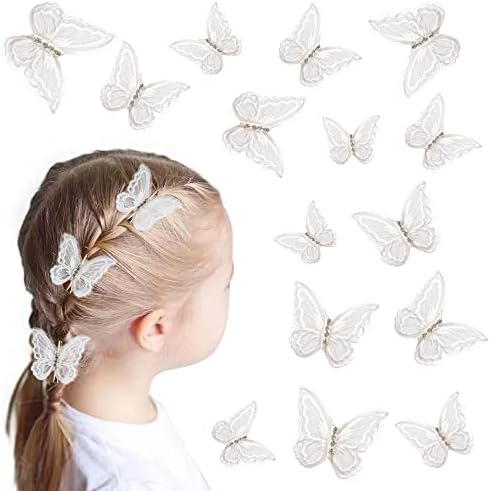 NAISIER Butterfly Hair Clips 15 Pieces Lace Embroidery Flower Butterfly Hair Bow Pins 2.6 inch Butterfly Hair Accessories for Halloween Cosplay Women Girls Teens Hawaii Hair Clips. White, 15 PCS