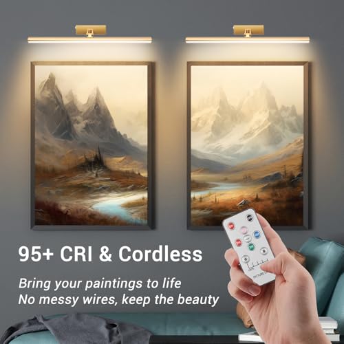 Image of Mocalido 2 Pack Picture Light Battery Operated for Wall, 16in Wireless LED Art Light for Painting with Remote, 5200mAh Dimmable Frame Lights for Gallery Library, Brass