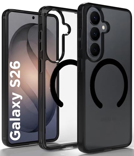 Image of RIGGEAR Shockproof Clear Hybrid Armor Magnetic Back Cover Case Compatible with MagSafe Accessories for Samsung Galaxy S26 (Clear-Black TPU Bumper + Transparent PC)(Black)