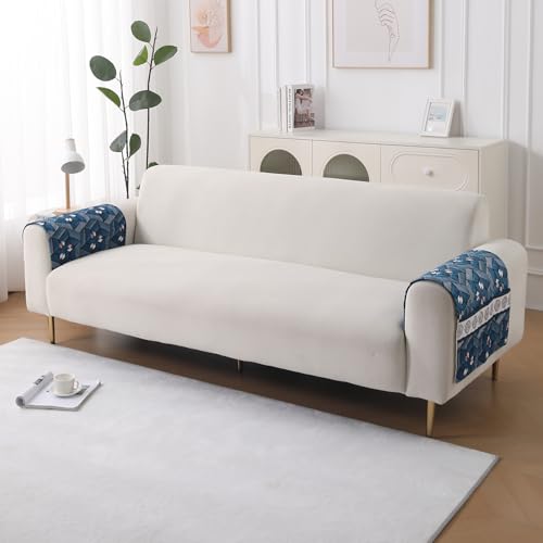 Image of HOKIPO 'LiefNest' Printed Holland Velvet Sofa Armrest Covers | 1 Pair | Geometric Floral Oriental Blue (IN-827-L-D4*2)