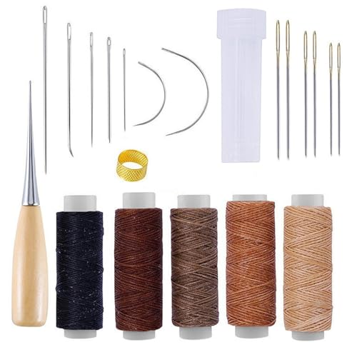 Kit de Costura para Cuero 21 Piezas, Hilo para Coser Cuero, Aguja Zapatero, Punzón, Dedal y Botella de Agujas, Ideal para Reparación de Cuero, Manualidades DIY, Reparar Zapatos Bolsos Cinturones