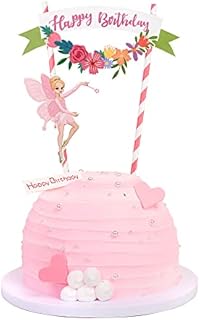 Blumomon 1Pc Pink Flower Fairy Cake Topper Happy Birthday Banner Flower Fairy Cake Bunting Topper Baby Shower Cake Decoration Girl Birthday Party Forest Theme Party Supplies