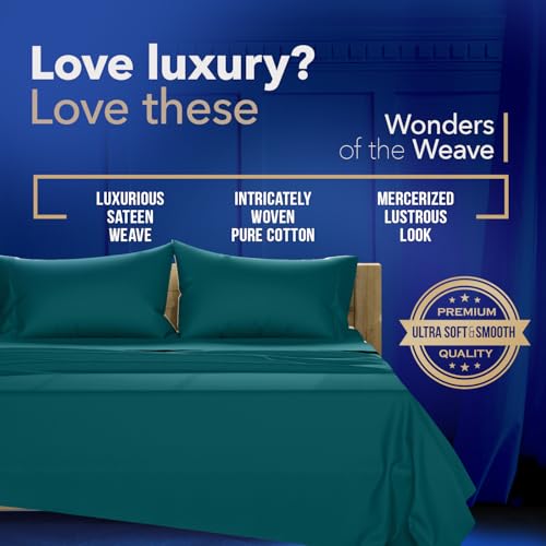 Image of TEXAS LINEN CO. 100% Egyptian Cotton Sheets Queen Size - Luxury 1000 Series Lonestar Lovin' Collection Bed Sheets Queen Size Set (4 PC, Teal), Cooling, 16 inch Deep Pocket, Sateen Weave Hotel Sheets