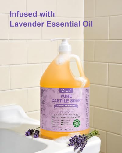 Image of Yoken EWG Verified Lavender Castile Soap Liquid, 1 Gallon Bulk Size, Made with Certified Organic Oils, Gentle Lavender Soap for Body Wash, Hands, Dishes, Laundry & More, Natural Versatile Cleanser