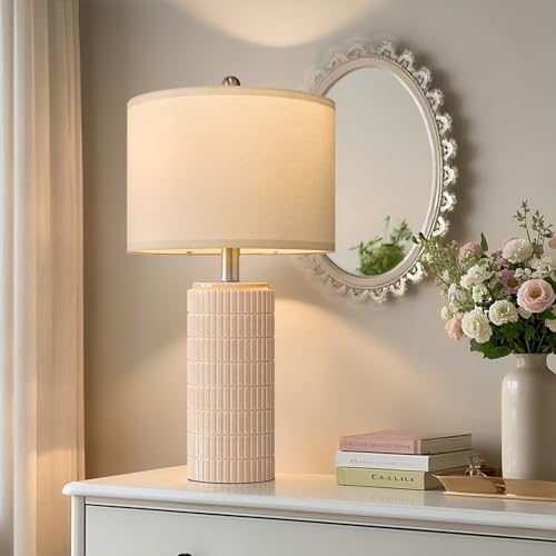 Image of PoKat 23 inch Pink Ceramic Table Lamps Set of 2, Modern Bedroom Lamps for Girls Room, Bedside Lamps for Night Stands, Cute Lamps for Living Room Decor, Nightstands Desk Lamp, Pink