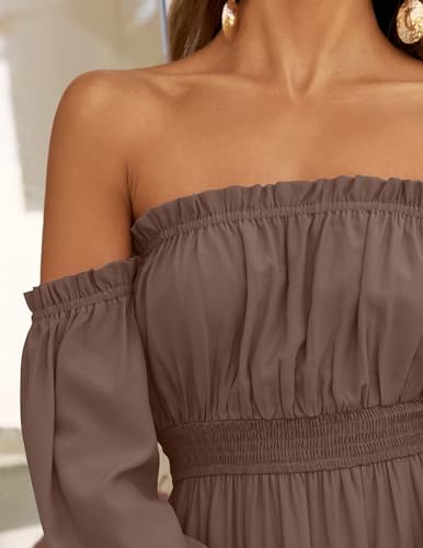 ZESICA Women's 2025 Boho Sexy Off Shoulder Long Sleeve Smocked High Waist Side Split Flowy A Line Tiered Long Maxi Dress - Image 6