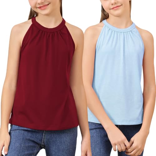 Image of GORLYA 2 Pack Girls Halter Neck Summer Sleeveless Shirt Multipacks Casual Curvy Tank Tops for 6-14Y