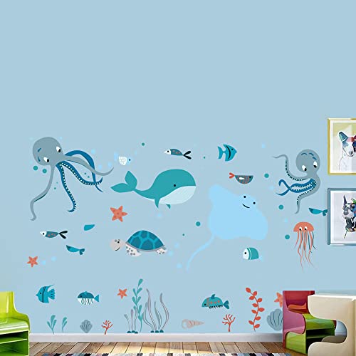 Ocean Fish Wall Decals Under The Sea Wall Decals Stickers With Whale Octopus Stingray Sea Stars Turtle Shells And Sea Kelps For Kids Room Daycare Classroom Playroom #TOP4