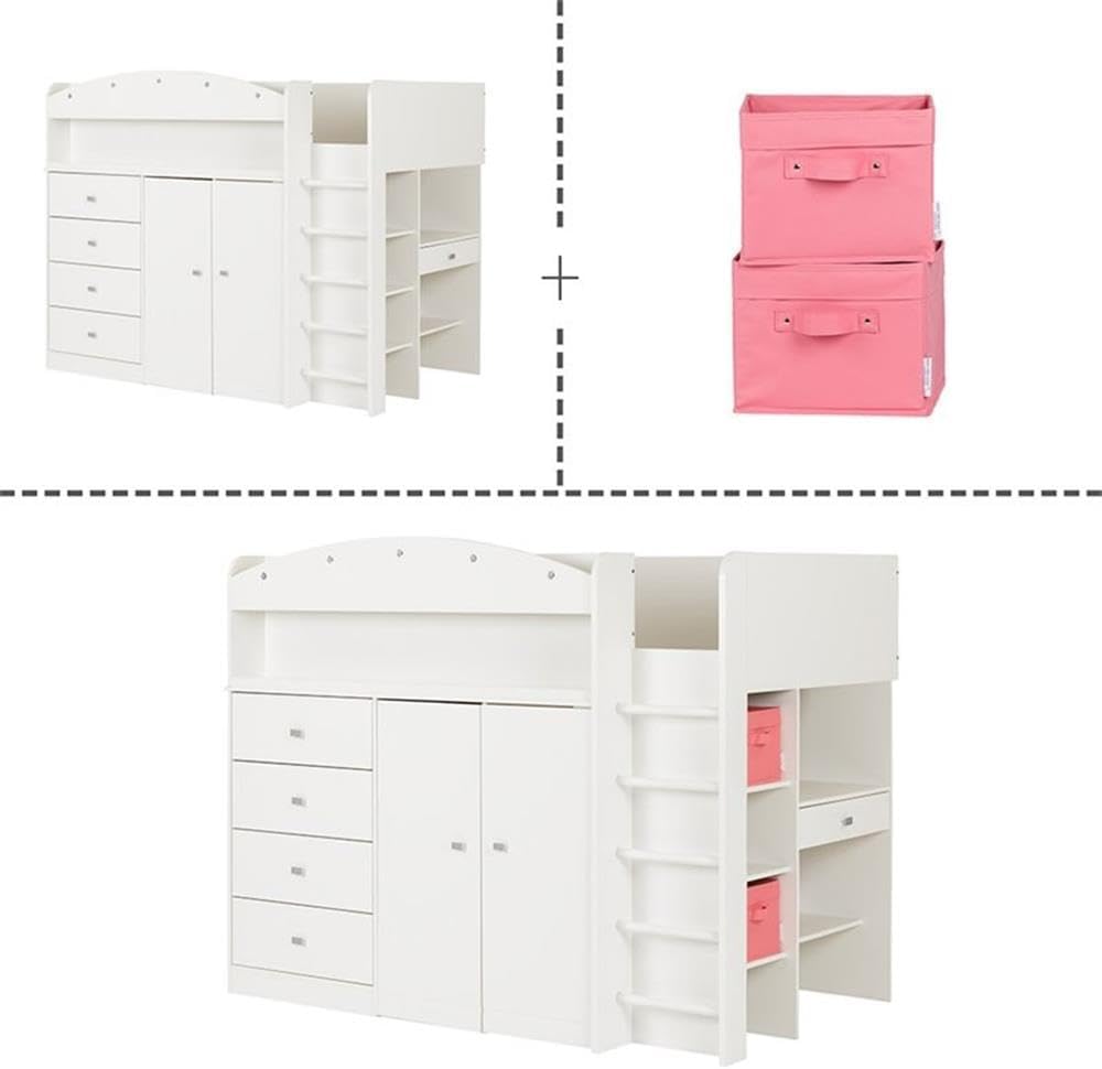 Pemberly Row Twin Loft Bed with Storage and Desk, Pure White Finish, Laminated Particleboard, 4 Drawers, Shelves, Hanging Closet, Sturdy Ladder, Kids Bedroom Furniture for Ages 6 and Up