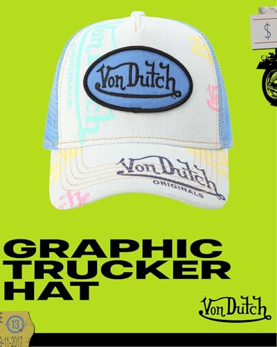 Image of Von Dutch Monogram Trucker Cap - Retro Snapback Cap for Men and Women - Adjustable Snap Fit Panel, Mesh Rear, Curved Bill