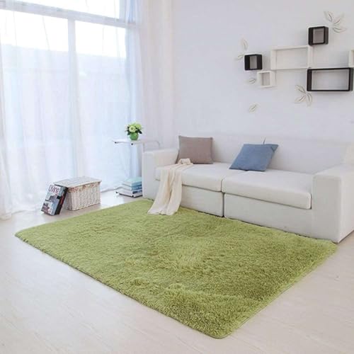 Image of Large Green Microfiber Shag Rug 8x8 Feet Round with Heavy Thick Pile, Anti Slip Layer and Handcrafted Finish for Enhancing Living Room, Bedroom and Hall Interiors