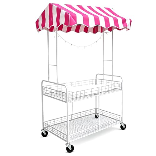 Carrito de Venta portátil con toldo a Rayas Rosas Puesto de Mercado de 2 Niveles con Ruedas con Freno para ferias, Fiestas y mercadillos al Aire Libre(White,110x65x197cm/43x26x78in)