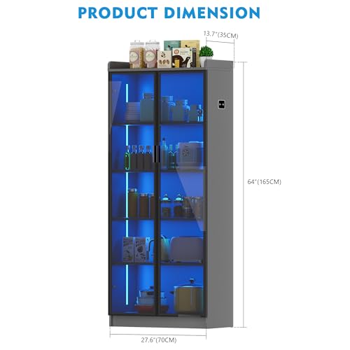 Lvifur Tall Storage Cabinet up to 70 inches, 3 Color Dimmable LED Kitchen Pantry Cabinet with Body Induction, 5 Tier Bookcase Display Cabinet with Adjustable Shelves for Living Room Office (Grey)