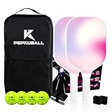 Pickle Ball Paddles Set of 2 Fiberglass Pink Pickleball Paddle Sets - Lightweight & Durable Rackets with Comfort Grip,Includes 4 Balls & Carry Bag,2 Grip Tape,2 Eraser for Indoor/Outdoor Play (2Pink)
