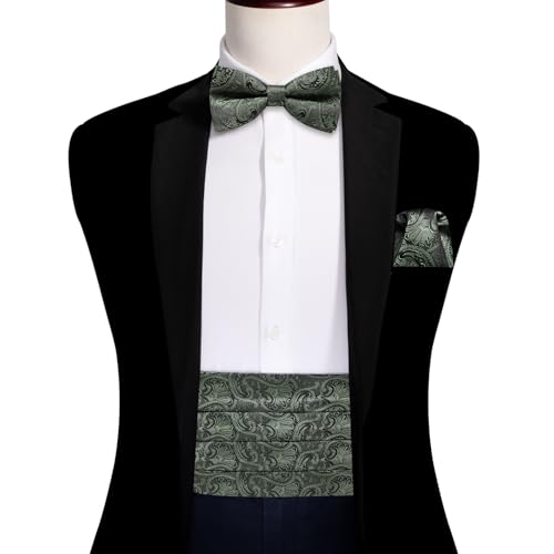 Image of Barry.Wang Men Silk Paisley Cummerbund and Pre-tied Bowtie Handkerchief Cufflink Set for Tuxedo