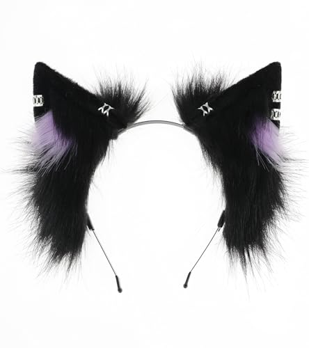 Focupaja Women Cat Ear Furry Animal Headband Handmade Cute Wolf Fox Cosplay Halloween Costume Headwear klei Cat-Purple