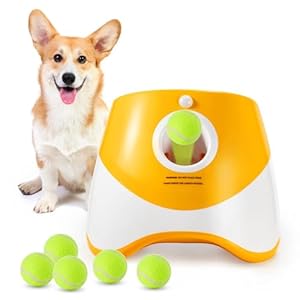 Dog Ball Thrower Launcher, Automatic Ball Launcher with 6 Mini Tennis Balls, Interactive Dog Toys Indoor Outdoor Ball Thrower Machine for Small Dogs with 3 Distance Settings