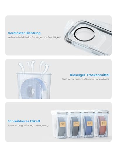 YOOPAI Filament Aufbewahrungsbox - 4 Pack Filament Container für 3D Druck Filament Versiegelung und Schutz - Tragbare Aufbewahrung mit Trockenmittel&Etiketten, wasser- und staubdicht 4.0L