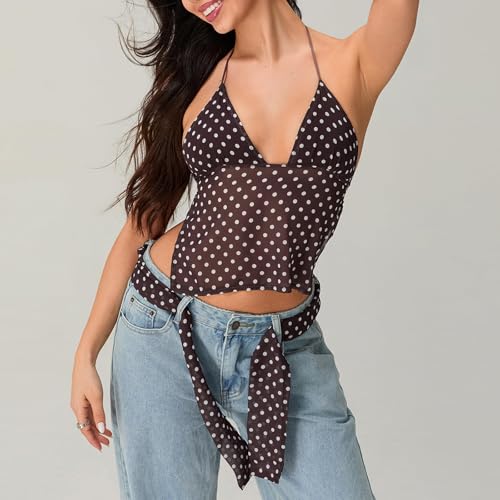 Women Polka Dot Halter Top Y2k Backless Cami Tank Tops with Scarf3