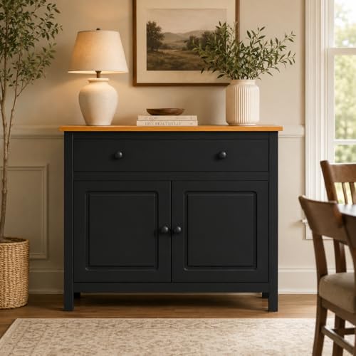 From the Tree Furniture 44" Wide Black & Pine Top Solid Pine Shaker Sideboard Buffet Cabinet — 2 Doors, Adjustable Shelves & 1 Drawer — Anti-Tip Included — Two-Tone Modern Finish for Dining Room