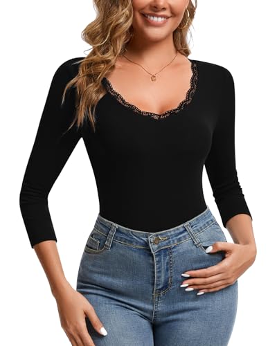 LEYSHE T-Shirt Damen Mit Spitzen V Ausschnitt Slim-Fit 3/4 Arm Shirt für Damen Elegante Oberteile Stretch Casual Bluse Top,Schwarz,M