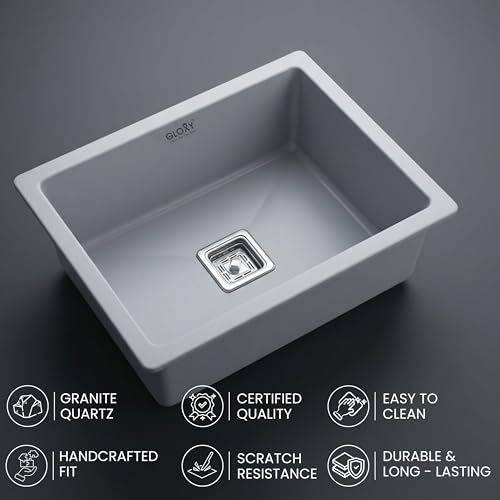 Image of Gloxy Granite Quartz Kitchen Sink 21x18x9 Inch - Premium Black Matte FInish Quartz Single Bowl Sink For Kitchen With Coupling Hose Pipe and Drainer Basket - Undermount /Topmount - 3 Years Warranty