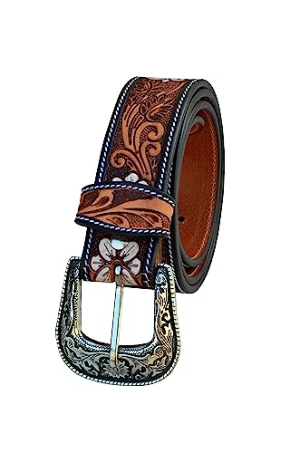 Western Belt Genuine Leather Cowgirl Belt Floral Tooled Leather Belt With Removeable Buckle 30AB1023