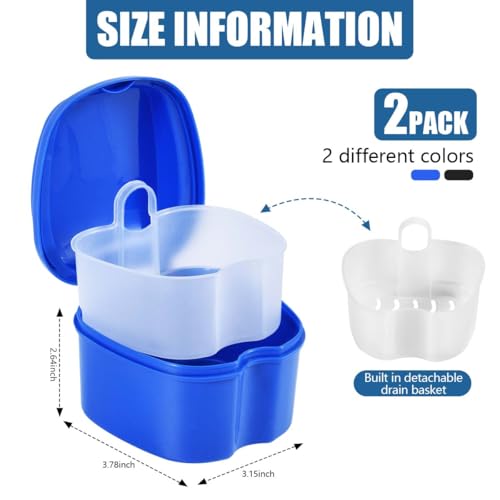 Image of KISEER 2 Pack Colors Denture Bath Case Cup Box Holder Storage Soak Container with Strainer Basket for Travel Cleaning (Blue and Black)