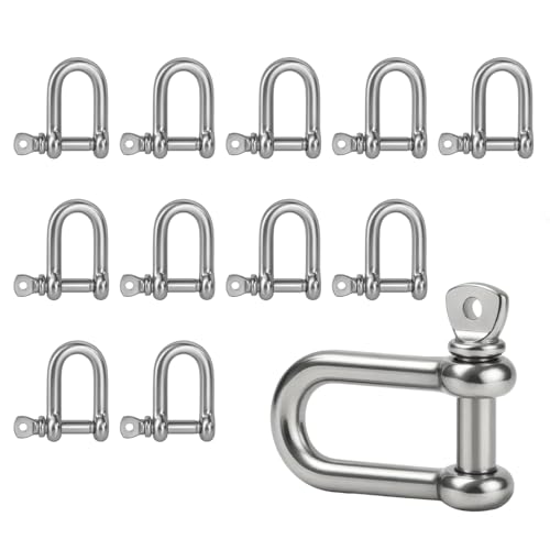 Lot de 12 manilles en acier inoxydable M5 en forme de D, résistantes à la corrosion, très résistantes, idéales pour gréement, câbles en acier, chaînes et fixations en intérieur et extérieur, anneau