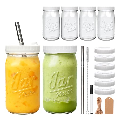 Mapoxy 6-Pack Mason Jars Cups with Plastic Lids &...