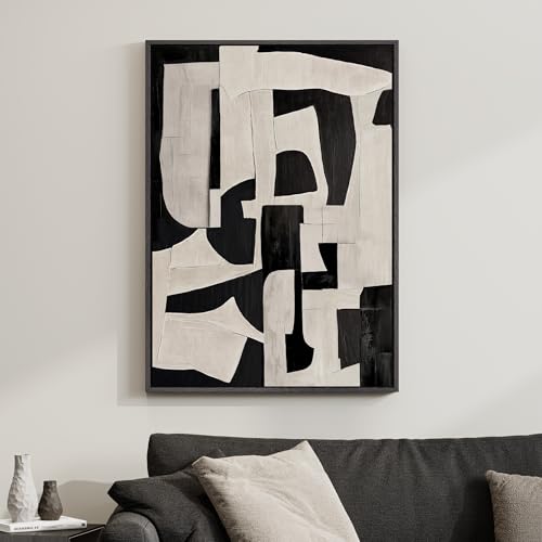Framed Neutral Abstract Wall Art, Modern Black and Beige Canvas