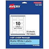 Avery Matte White Rectangle Labels, Sure Feed Technology, 1.5' x 2.75', 250 Matte White Printable Labels