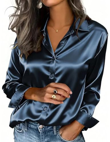 PANOZON Femmes Chemises boutonnées en Satin de Soie de Travail à Manches Longues Le Bureau Chemisiers et Hauts décontractés(M, Bleu)