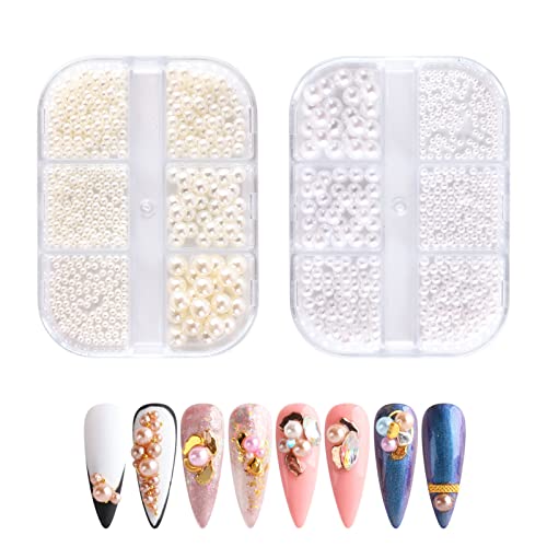 Pearl Nail Charms,2 Boxes 6 Grids Round Imitation Pearl Beads for Nails,Manicure Decorations Pearls for DIY 3D Nail Design (Nail Pearls Nail Art)