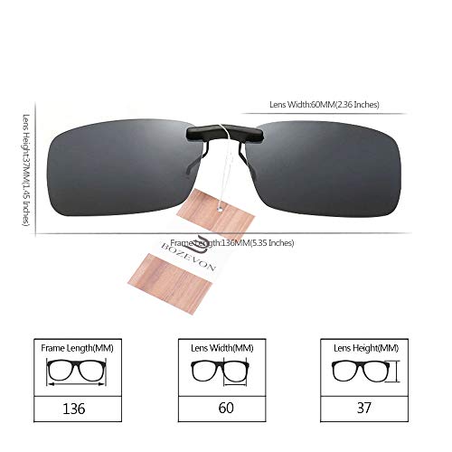 BOZEVON Sonnenbrillen-Clip auf Flip Up Polarisierte Linse - Unisex Rechteck Klipp auf Klapp-Sonnenbrille für Brillen im Freien und Fahren, Grau