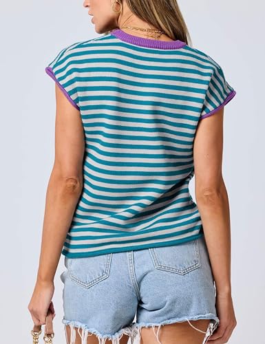 Image of Bozanly Womens Crewneck Striped Knit T Shirts Casual Spring Summer Cap Sleeve Sweater Tank Top 2025(0952-BlueStripe-XL)