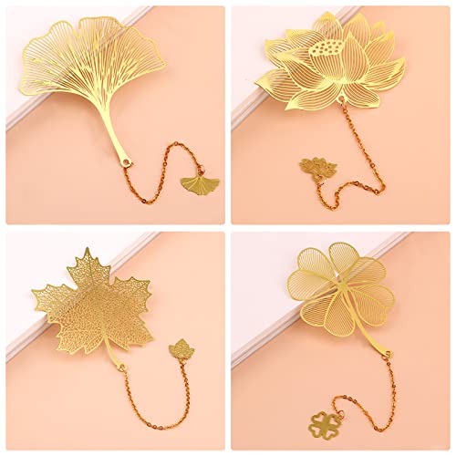 Savita 4 Pcs Metal Bookmarks With Chain, Hollow Leaf Bookmark With Lotus Ginkgo Maple Four-Leaf Clover Patterns, Flower Bookmarks For Book Lovers (Golden,4 Styles) #TOP4