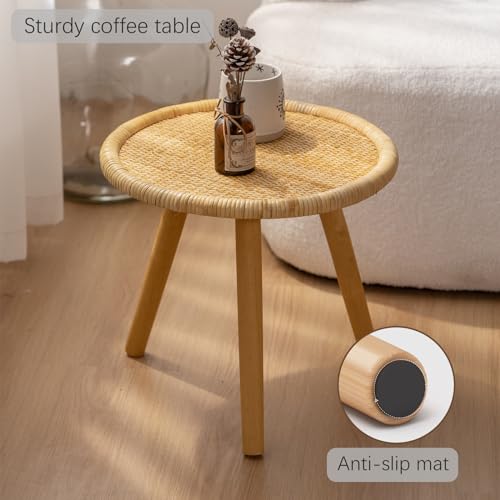 HuiDao Rattan Round Coffee Table, Boho Circle Side Table End Table for Living Room, Small Mid Century Accent Table for Bedroom Balcony - Thumbnail 6